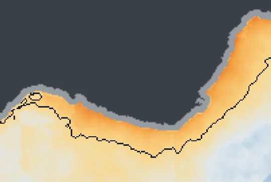 Badacsony partja előtt a víz átlagos hőtöbblete műholdas hőképről; a sötét vonal a +0,5 °C-os határ