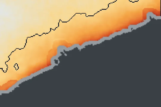 Balatonboglár partja előtt a víz átlagos hőtöbblete műholdas hőképről; a sötét vonal a +0,5 °C-os határ
