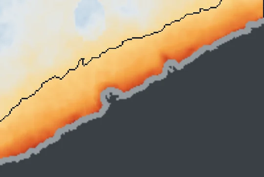 Balatonszemes partja előtt a víz átlagos hőtöbblete műholdas hőképről; a sötét vonal a +0,5 °C-os határ
