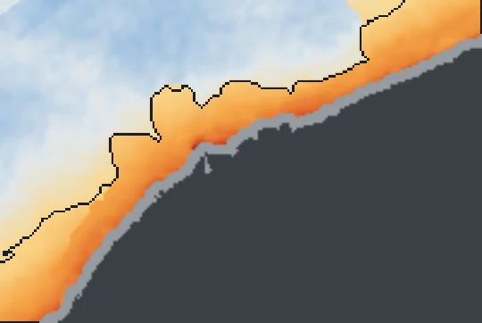 Fonyód (kikötő) partja előtt a víz átlagos hőtöbblete műholdas hőképről; a sötét vonal a +0,5 °C-os határ