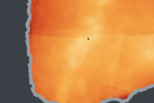 Keszthely partja előtt a víz átlagos hőtöbblete műholdas hőképről; a sötét vonal a +0,5 °C-os határ