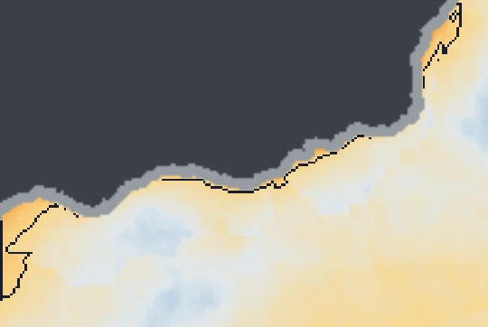 Révfülöp partja előtt a víz átlagos hőtöbblete műholdas hőképről; a sötét vonal a +0,5 °C-os határ
