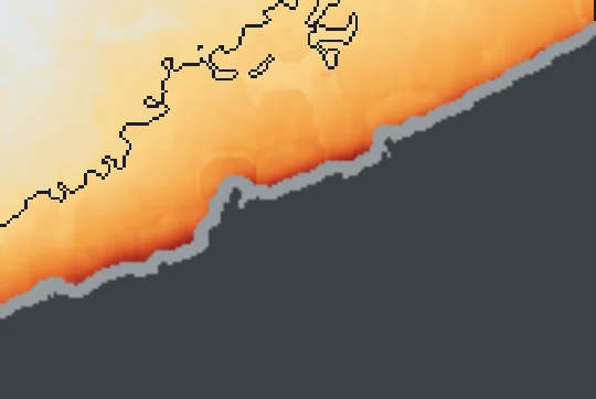 Siófok partja előtt a víz átlagos hőtöbblete műholdas hőképről; a sötét vonal a +0,5 °C-os határ