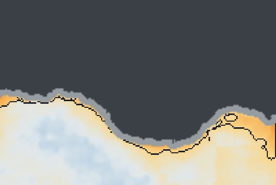 Szigliget partja előtt a víz átlagos hőtöbblete műholdas hőképről; a sötét vonal a +0,5 °C-os határ