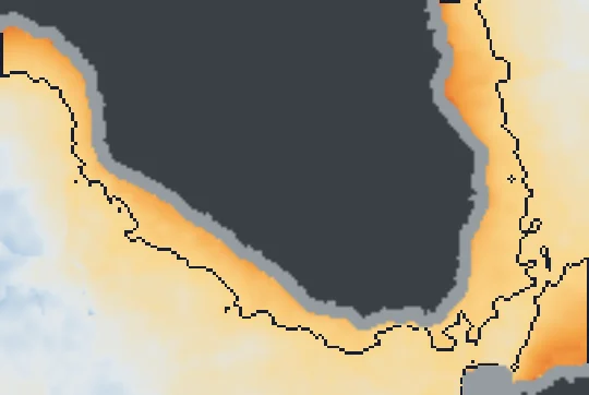 Tihany partja előtt a víz átlagos hőtöbblete műholdas hőképről; a sötét vonal a +0,5 °C-os határ
