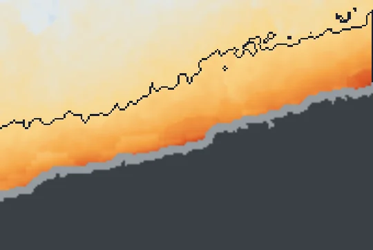 Zamárdi partja előtt a víz átlagos hőtöbblete műholdas hőképről; a sötét vonal a +0,5 °C-os határ